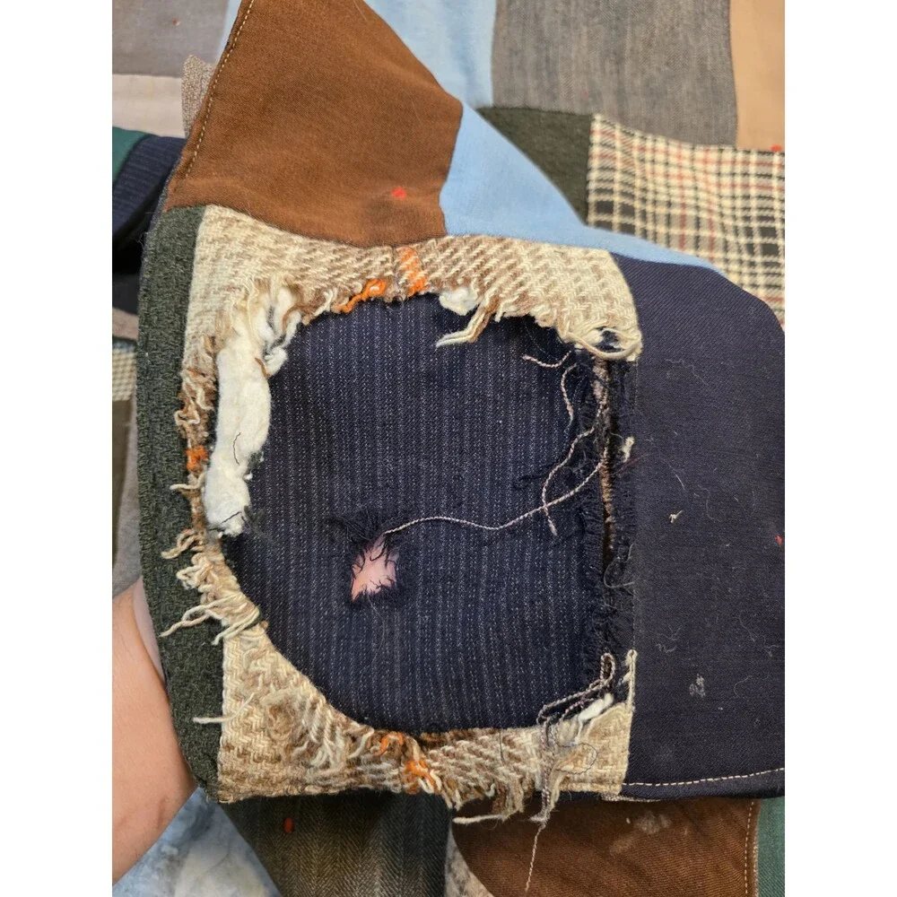 Vintage Handmade Wool Tied Patchwork Quilt 64x84 Plaid Houndstooth Suiting
